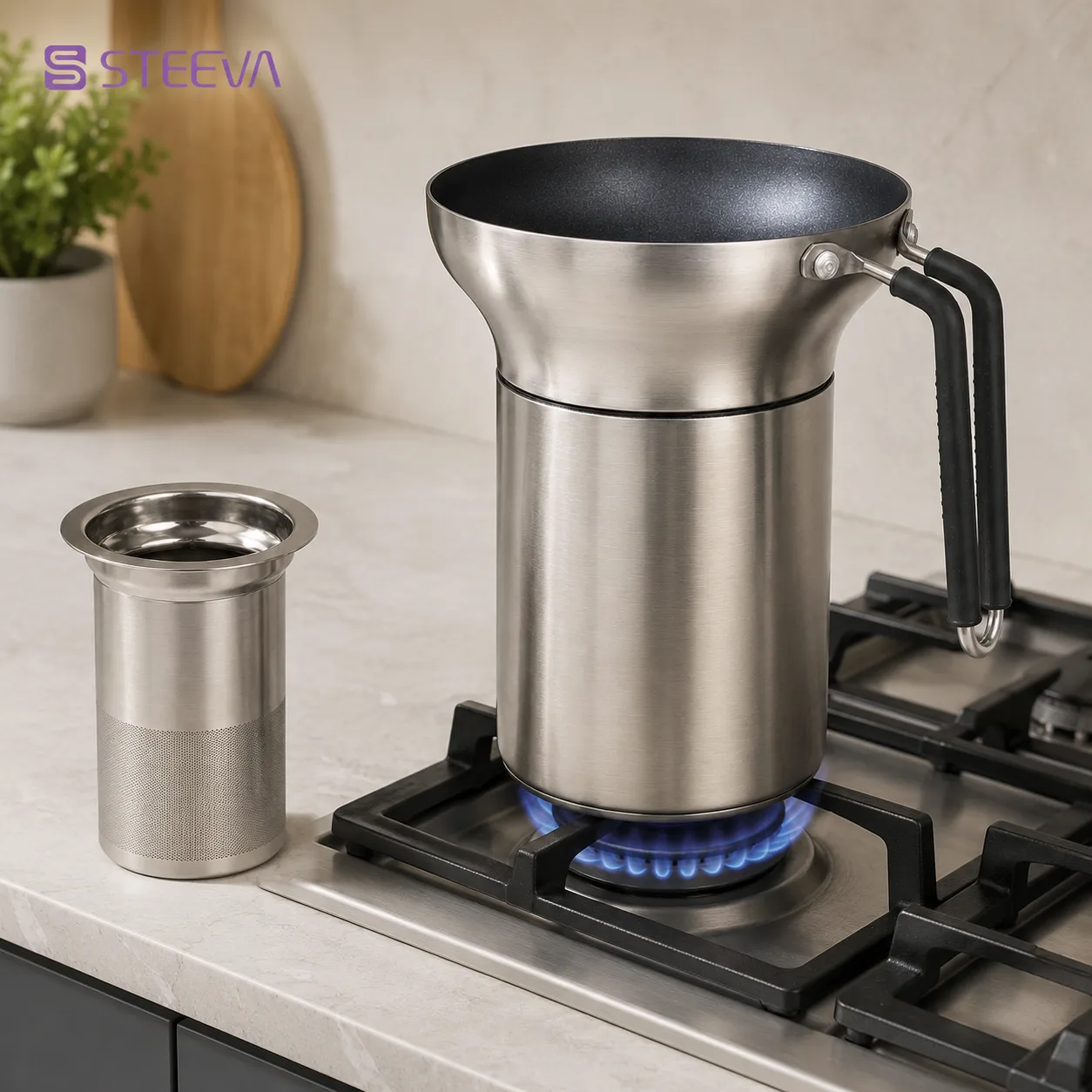 Steeva Chai Maker brewing on a stove
