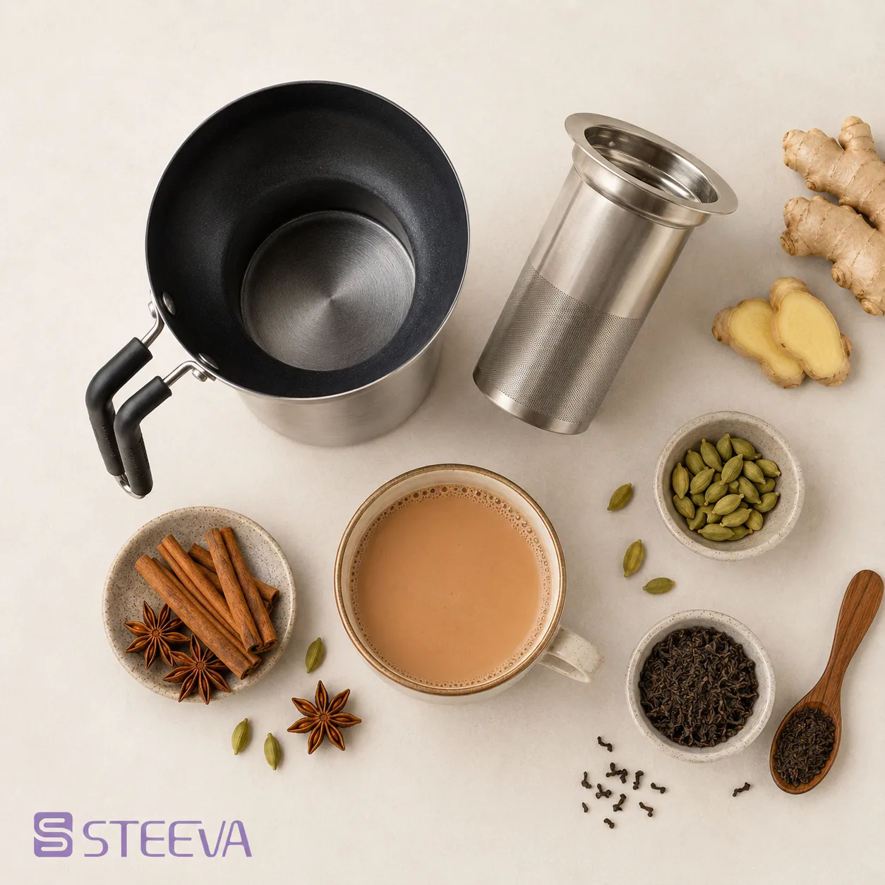 Steeva Chai Maker with tea, spices and chai ingredients