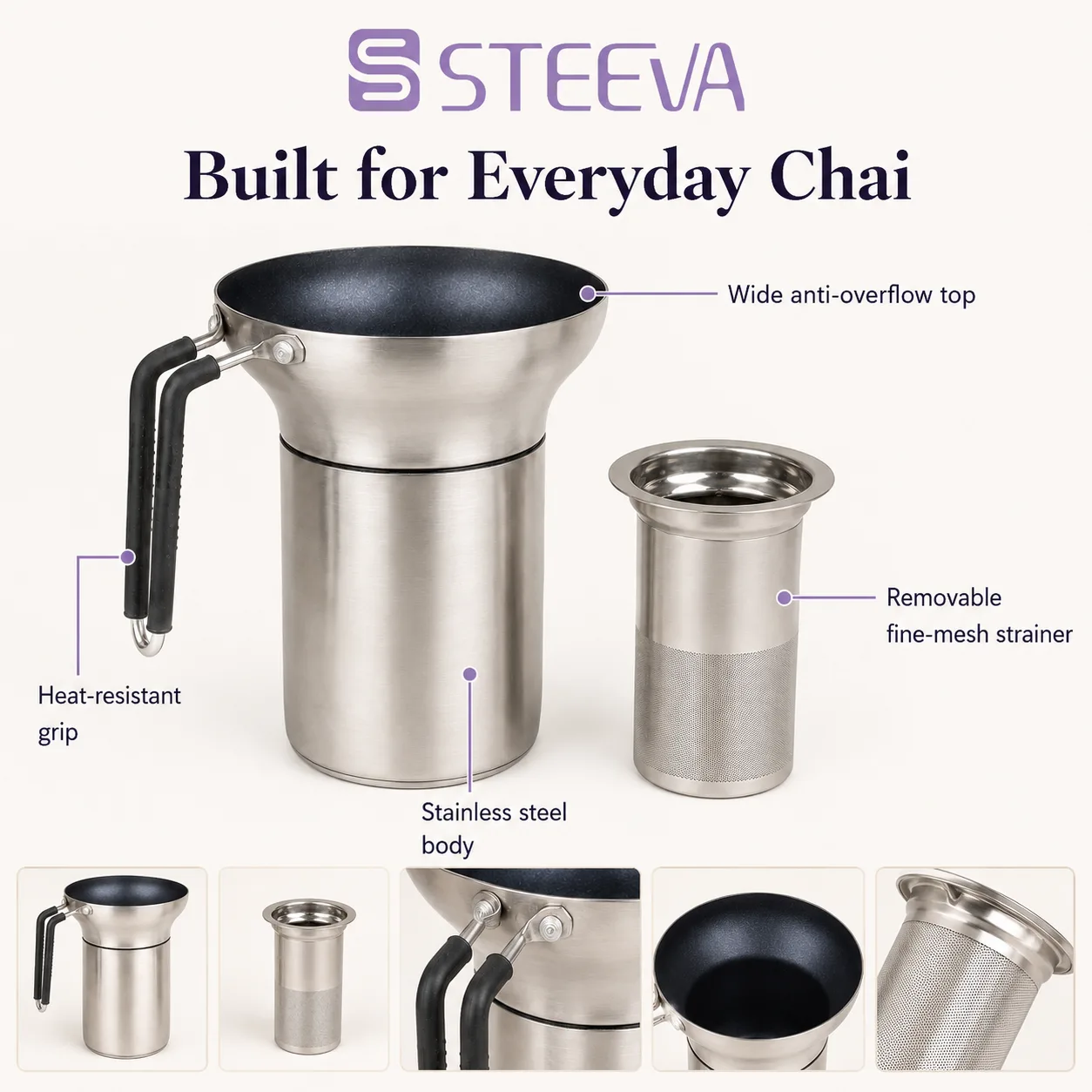 Steeva Chai Maker feature callouts